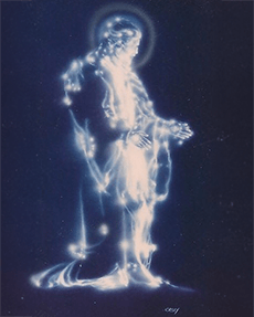 Translucent figure of a saint surrounded by a halo and ethereal light